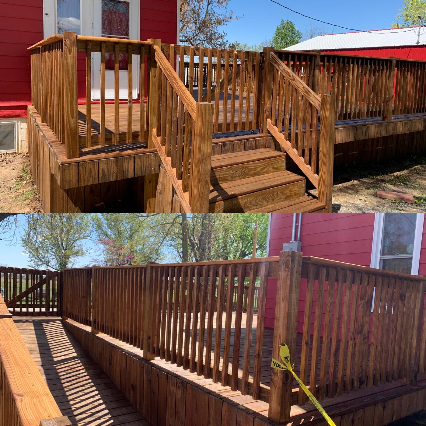 A stained timber deck with railings and steps against a red house, shown from two angles