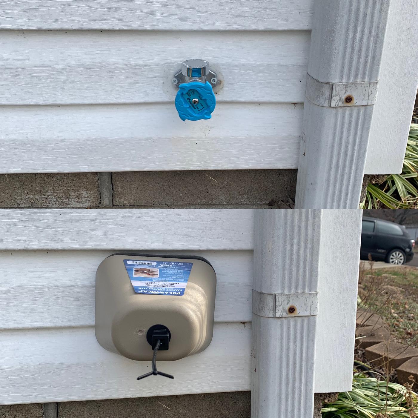 Close view of an outdoor faucet fitted with an insulated freeze cap on white siding